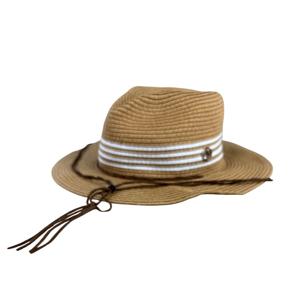 Adrienne Vittadini Womens Tan Straw Sun Hat White Striped Band Chin Strap Logo